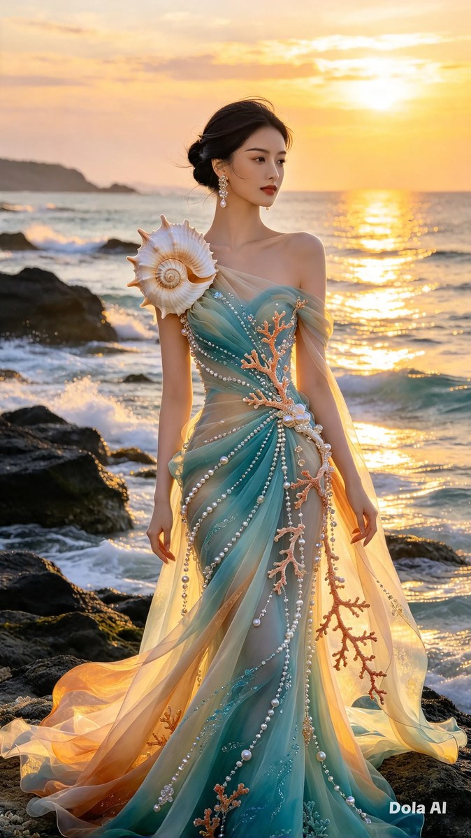 Seashell Gown on a Rocky Coastline output 1