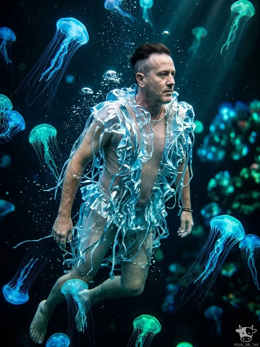 Bioluminescent Jellyfish Swarm Fashion Portrait