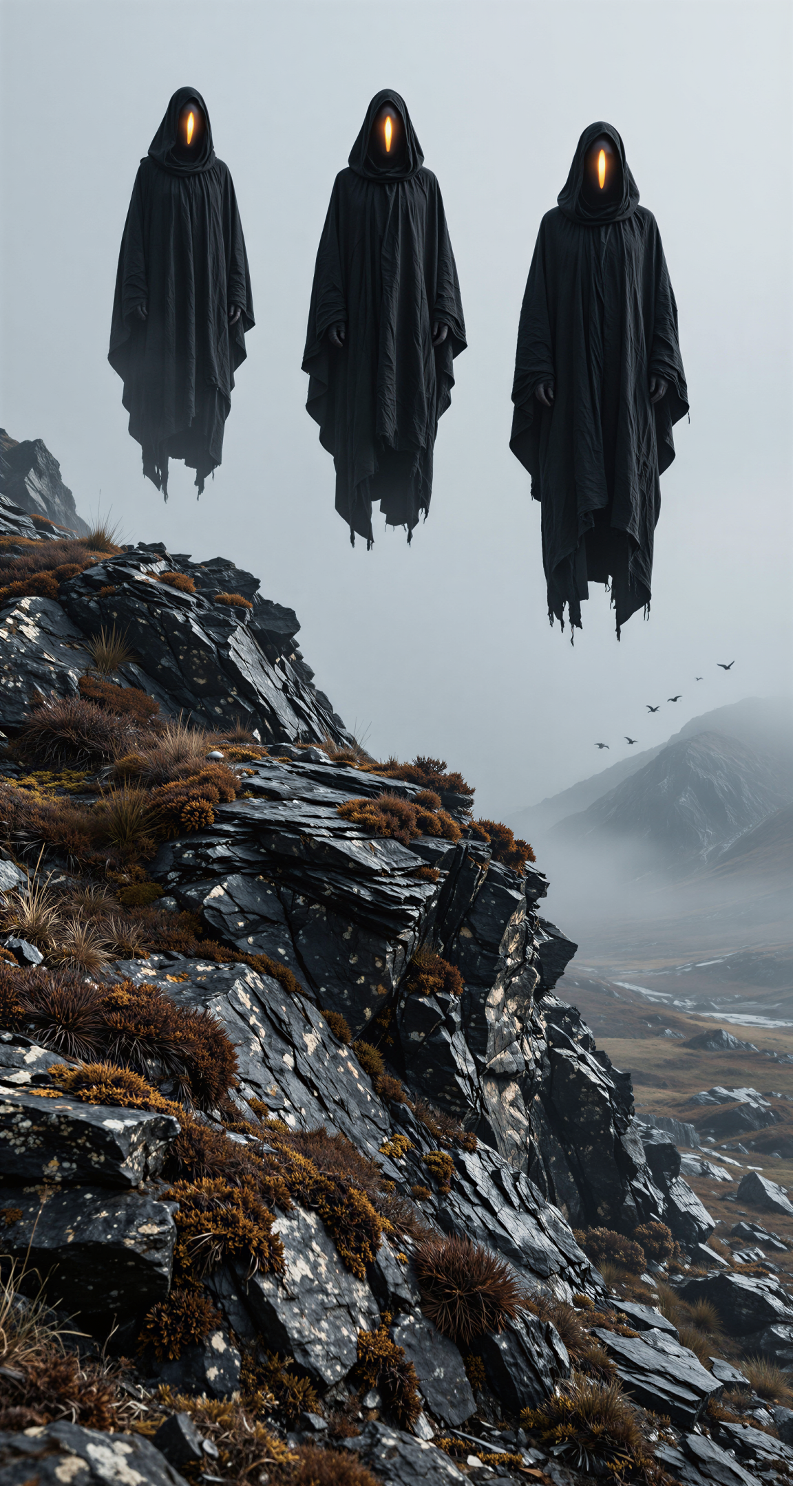 Create a Misty Dark-Fantasy Landscape with Glowing Cloaked Figures