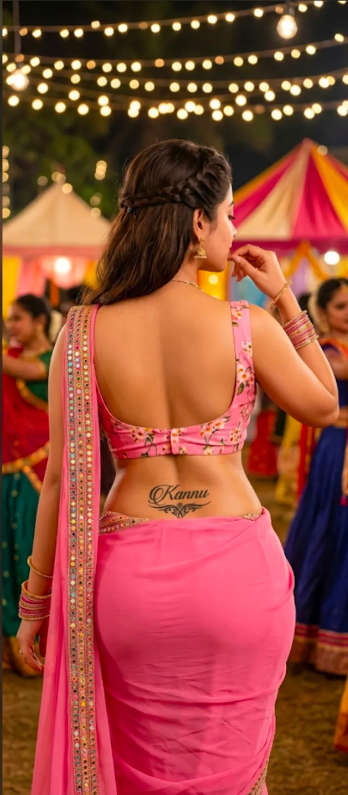 Indian Woman in a Pink Saree at a Garba Night Celebration