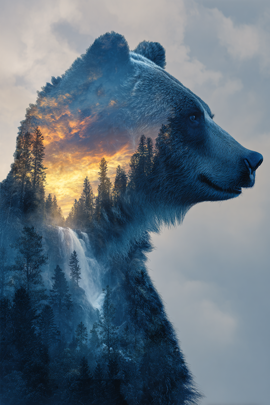 Surreal Grizzly Bear Profile with a Waterfall Forest Within a Woman’s Silhouette