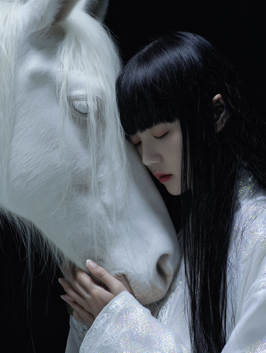 Golden Holographic Horse in a Futuristic Chinese-French Fashion Editorial