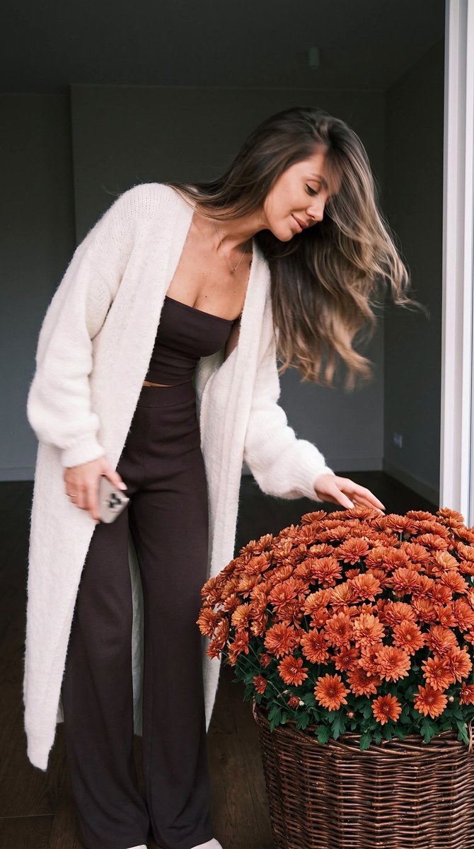 Candid Autumn Portrait with Orange Chrysanthemums