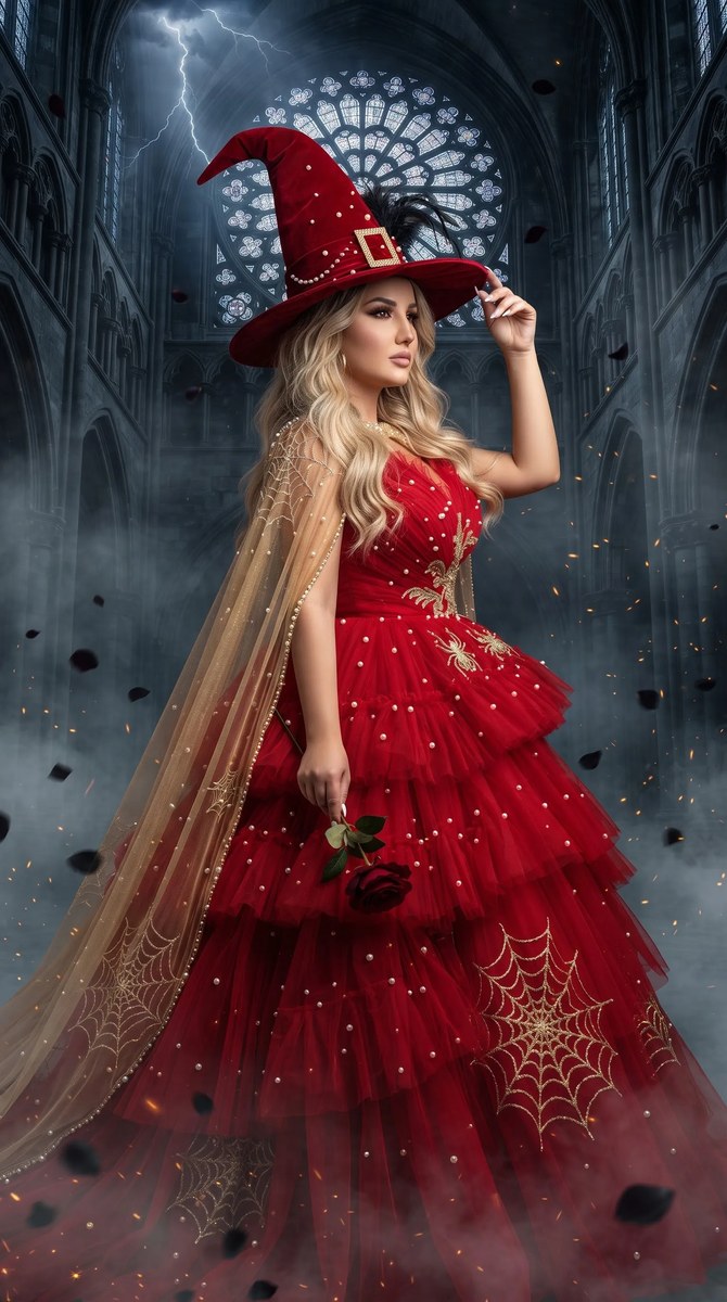 Red Couture Witch in a Gothic Cathedral