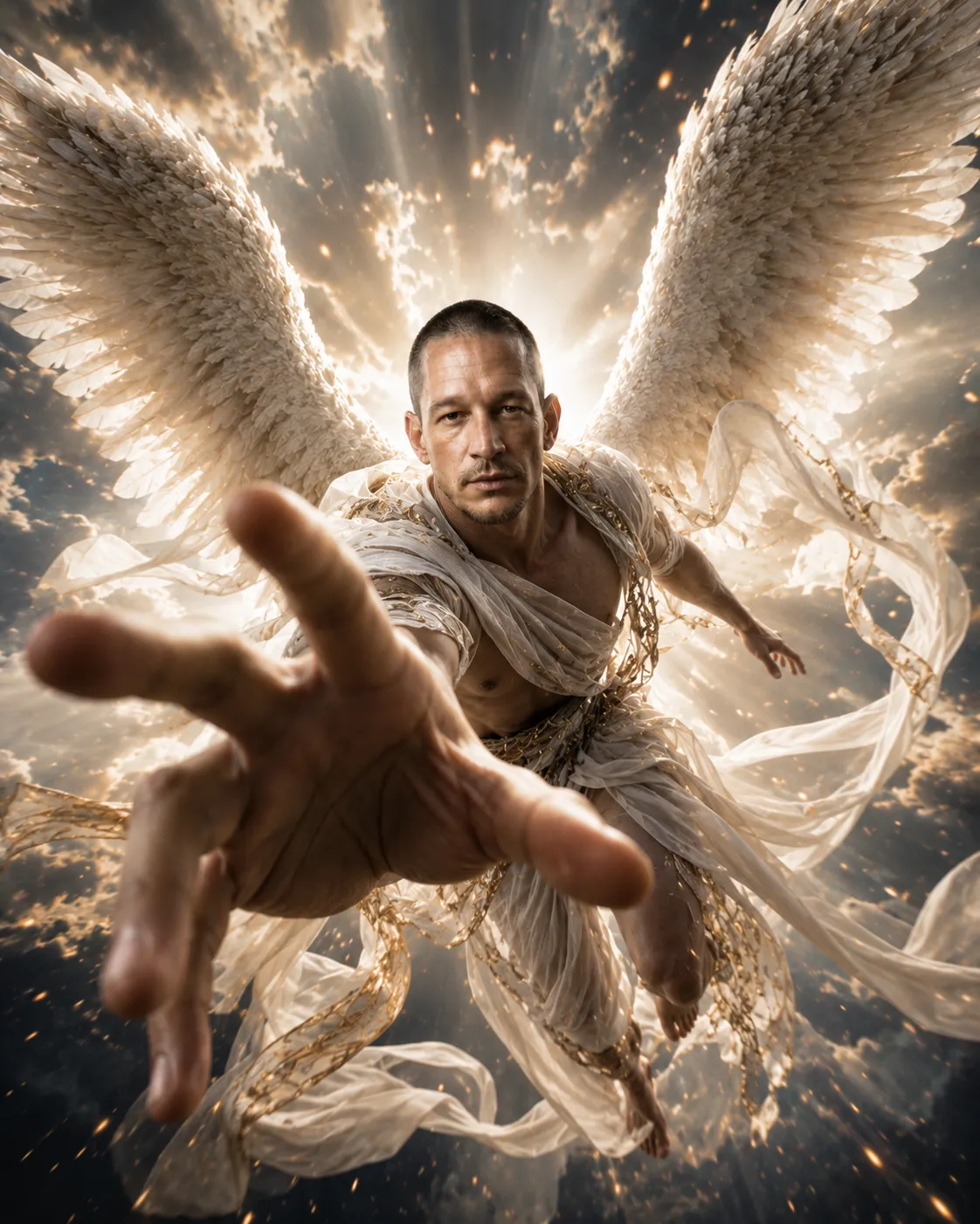 Cinematic Celestial Angel Flying Toward Camera
