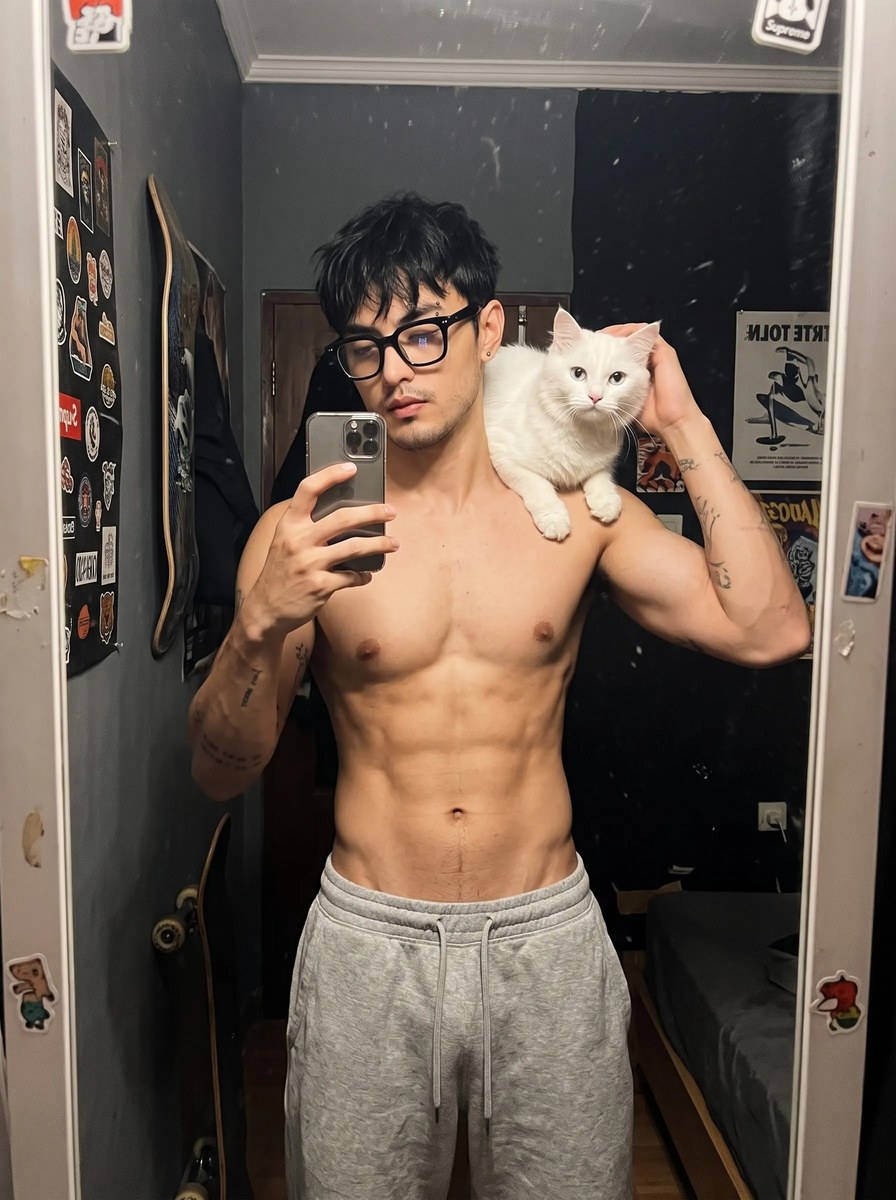 Moody Mirror Selfie with a White Cat