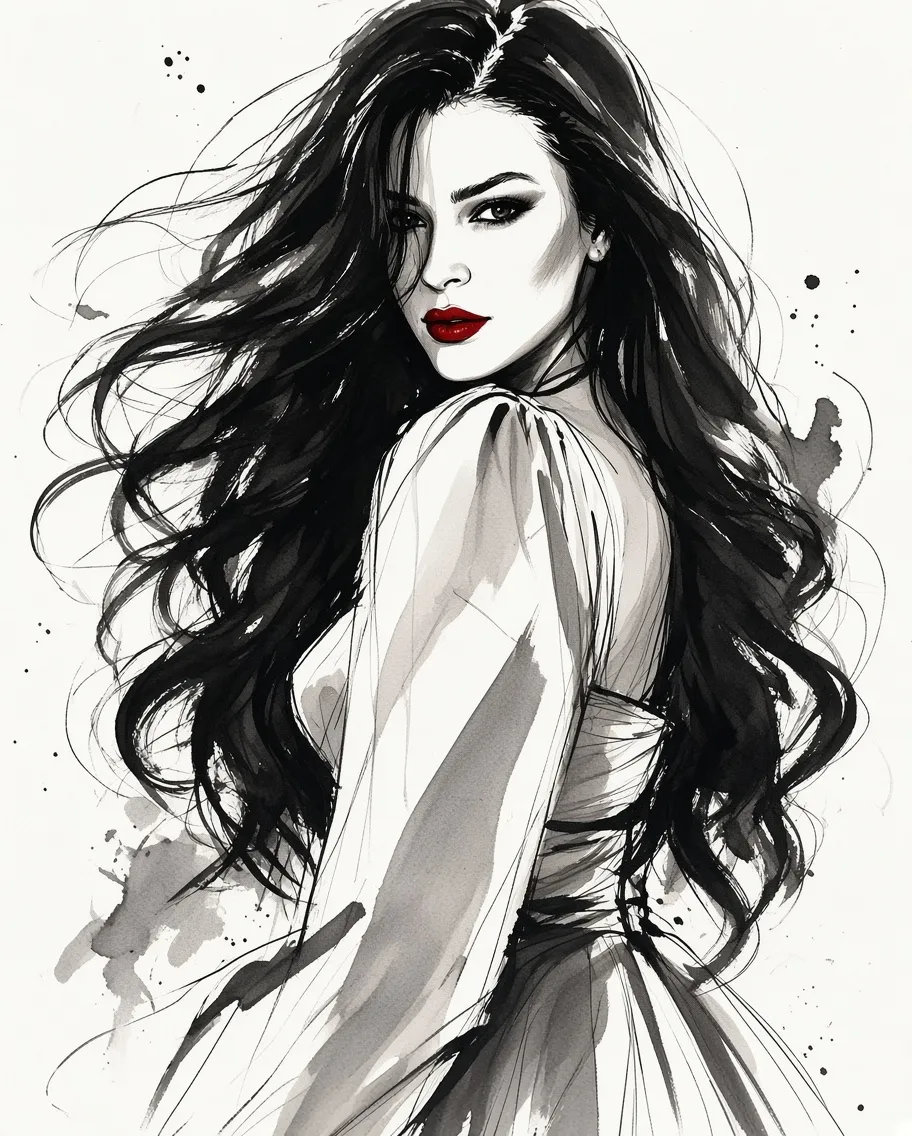 Expressive Ink Portrait with Selective Red Accents output 4