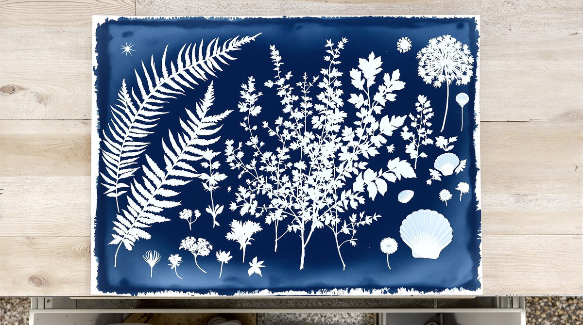 Cyanotype Sun Print of Coastal Ferns and Seaweed