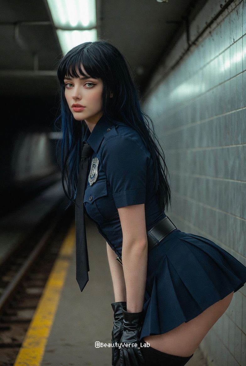 Photorealistic Police Cosplay Portrait in a Subway Corridor