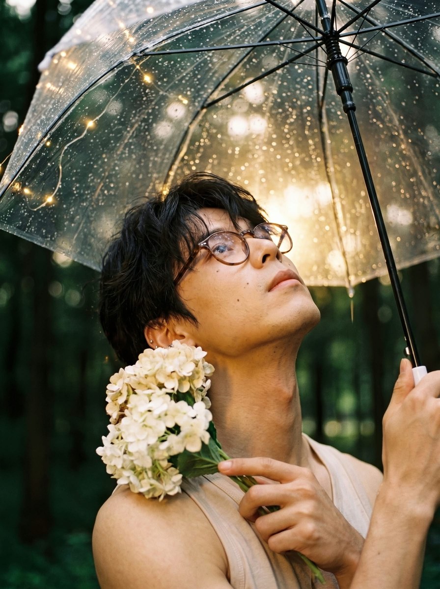 Rain-Soaked Golden-Hour Portrait with Flowers output 4