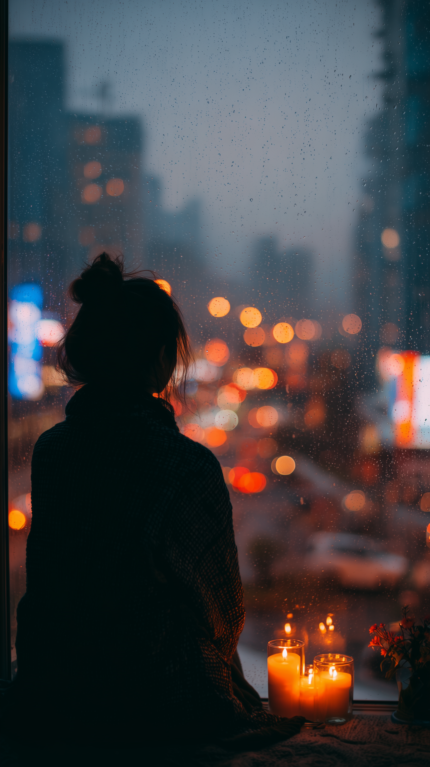 Dreamy Nighttime Portrait of a Woman by a Rainy Window