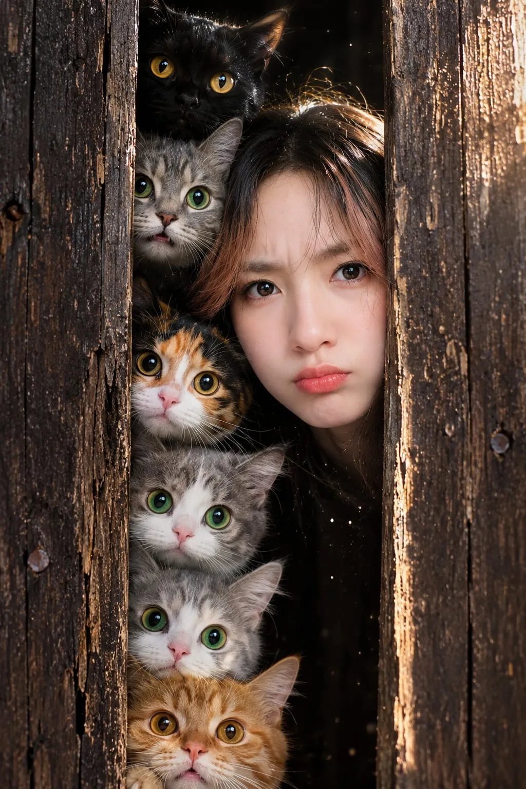 Person and Five Foxes Peeking Through Weathered Wood output 2