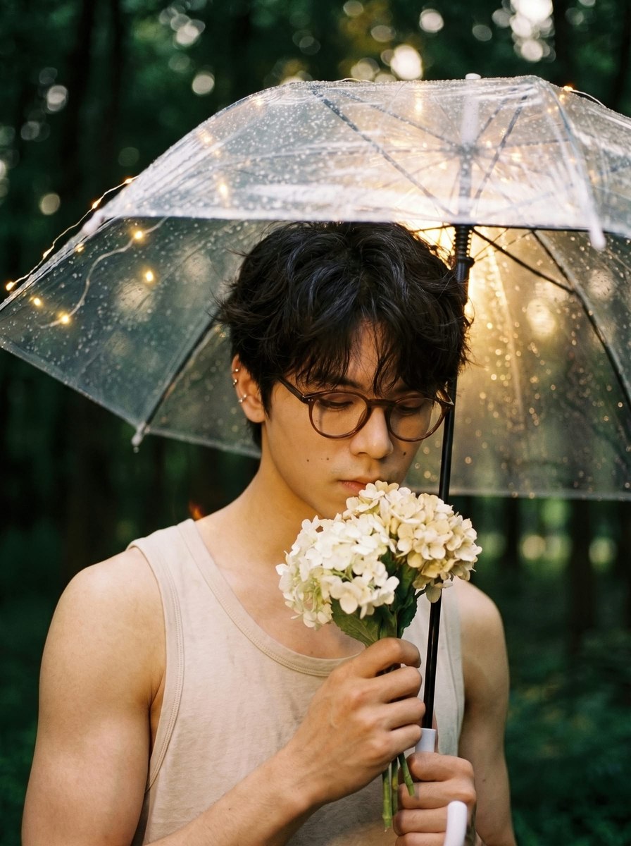 Rain-Soaked Golden-Hour Portrait with Flowers output 3