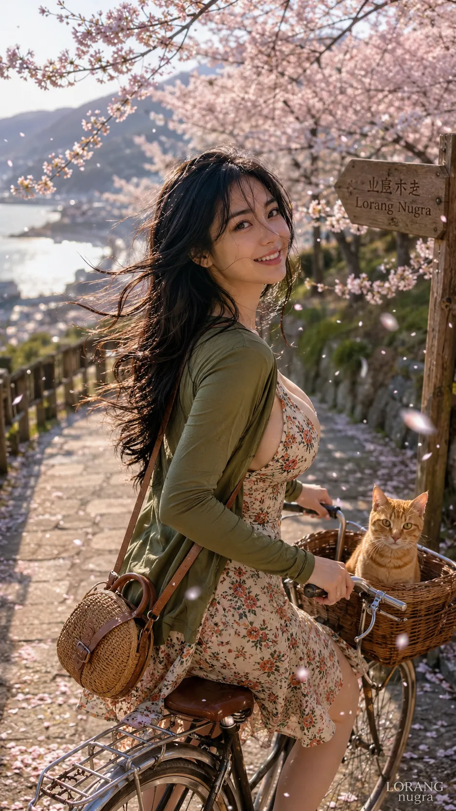 Woman Cycling Along a Sakura-Lined Path output 1