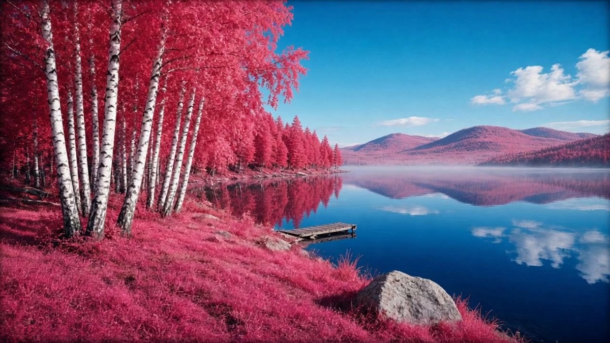 Aerochrome Infrared Photograph of a Birch Forest and a Still Lake