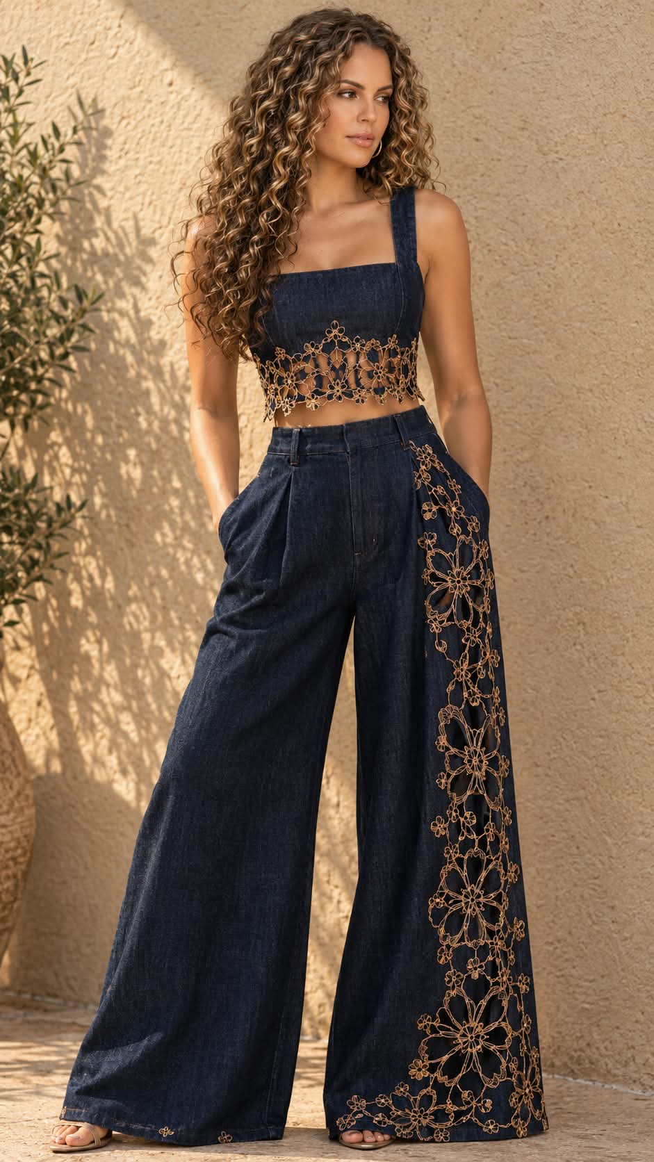 Luxury Dark Denim with Gold Floral Embroidery