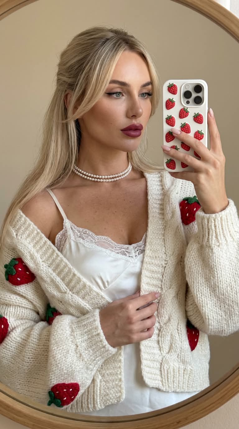 Photorealistic Strawberry Cardigan Mirror Selfie