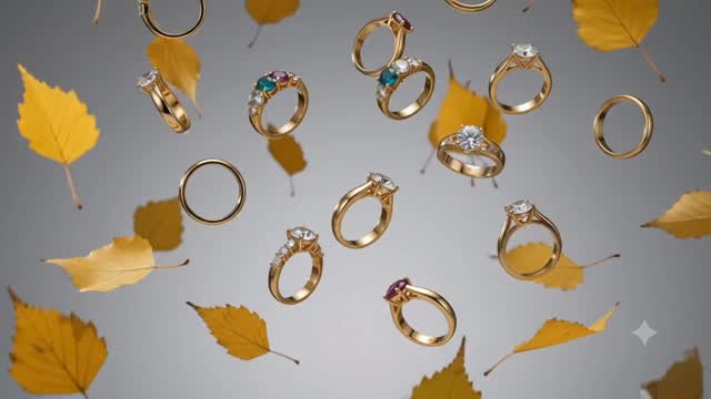 Falling Gold Rings on a Light Studio Background