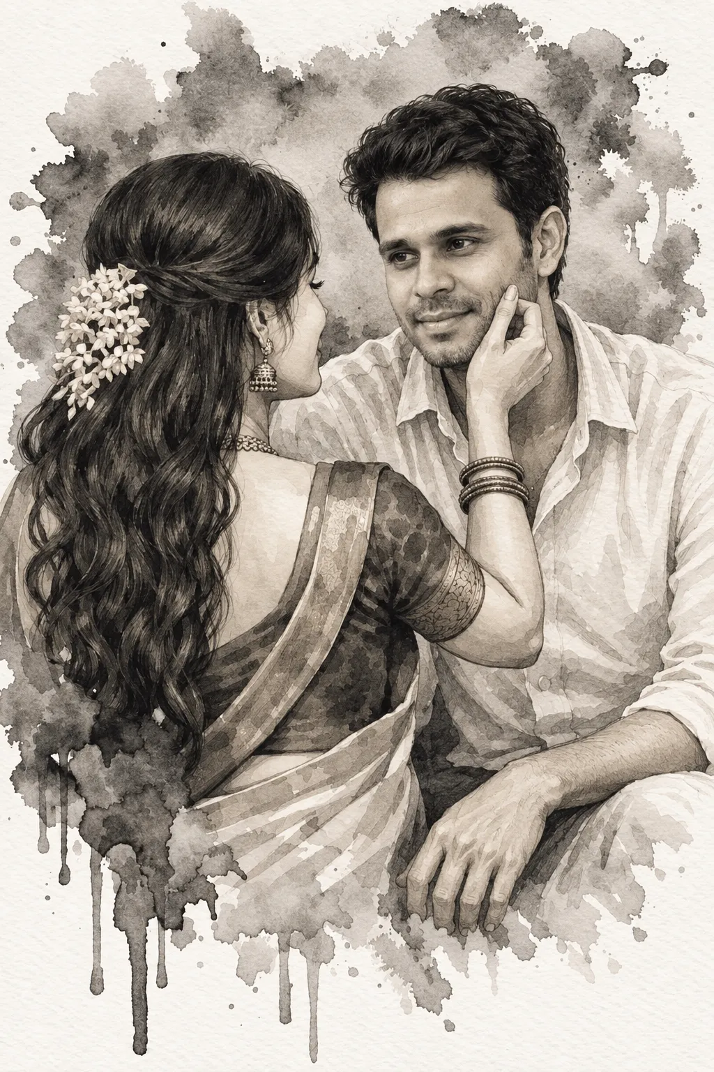 Vintage Watercolor and Ink Romantic Couple Portrait output 1
