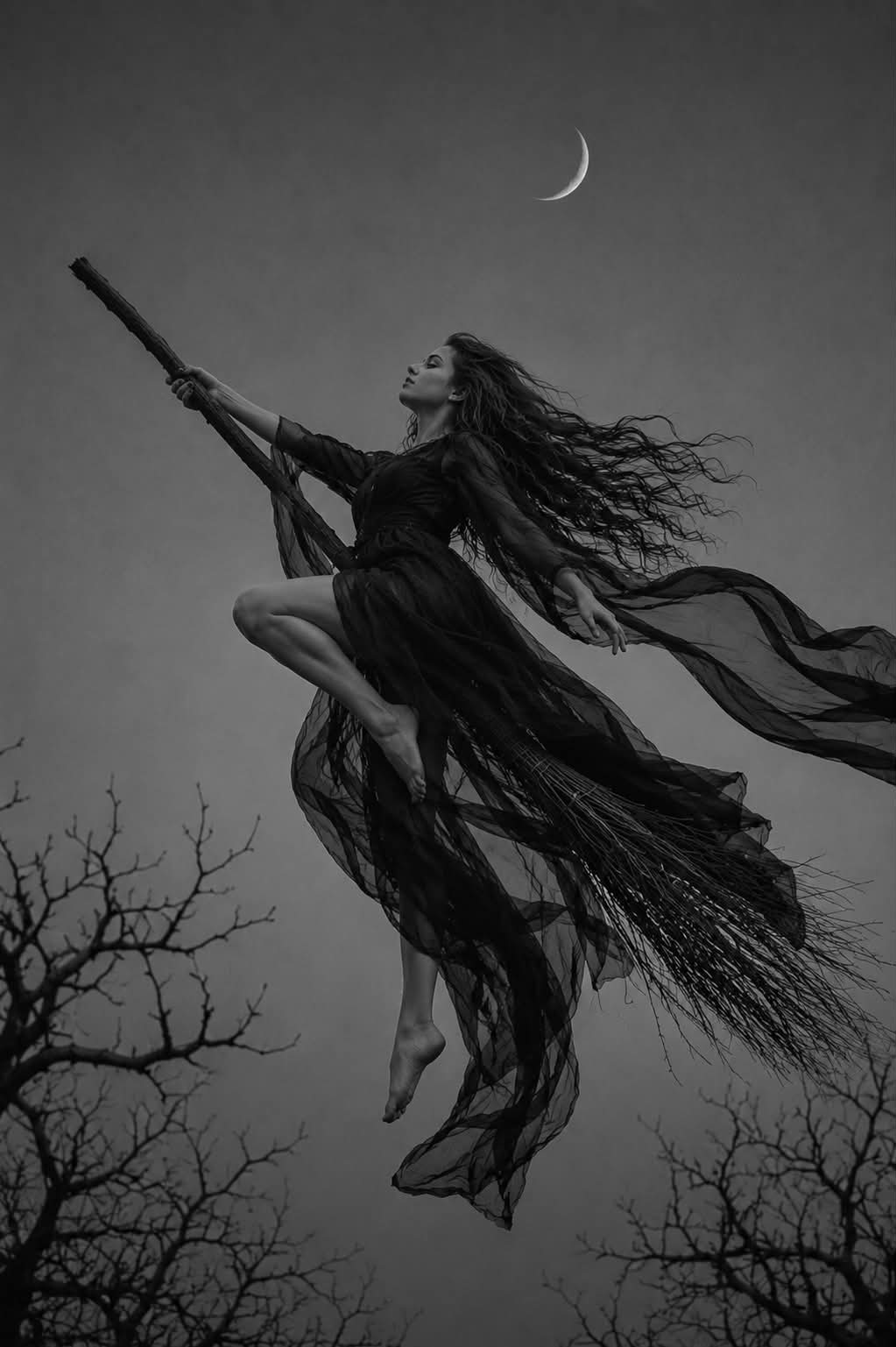 Gothic Witch in Flight — Monochrome Fine-Art Photograph output 2