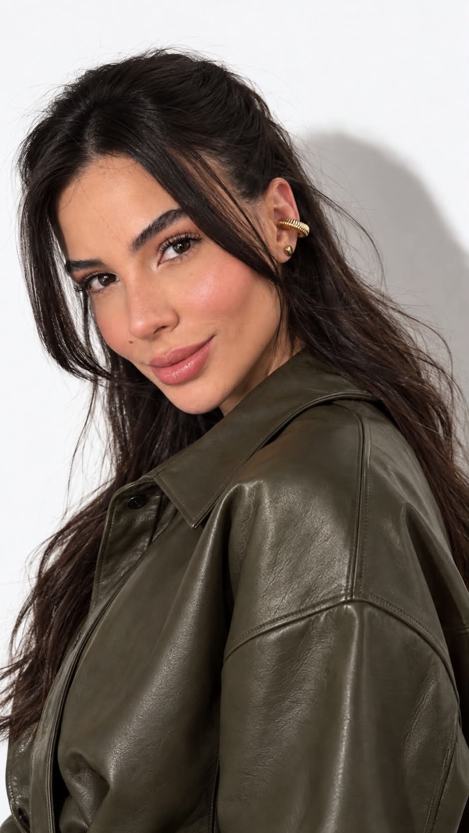 Photorealistic Olive-Green Fashion Studio Portrait