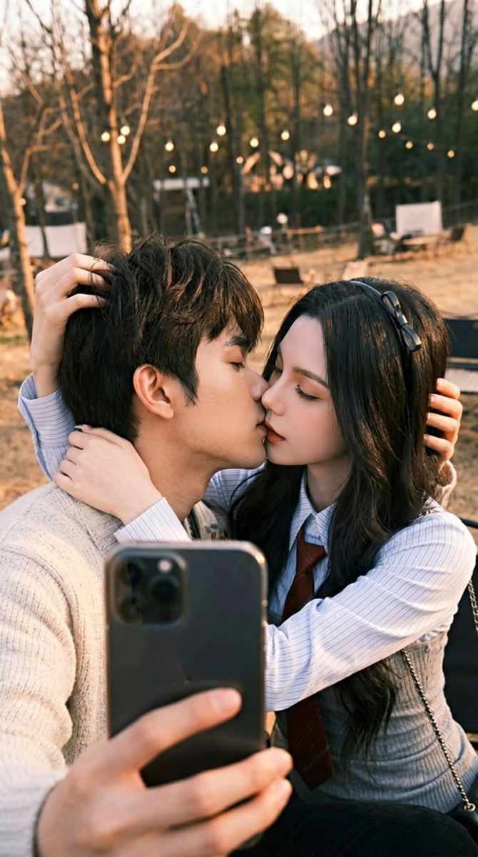 Golden-Hour Forest Café Couple Selfie output 2