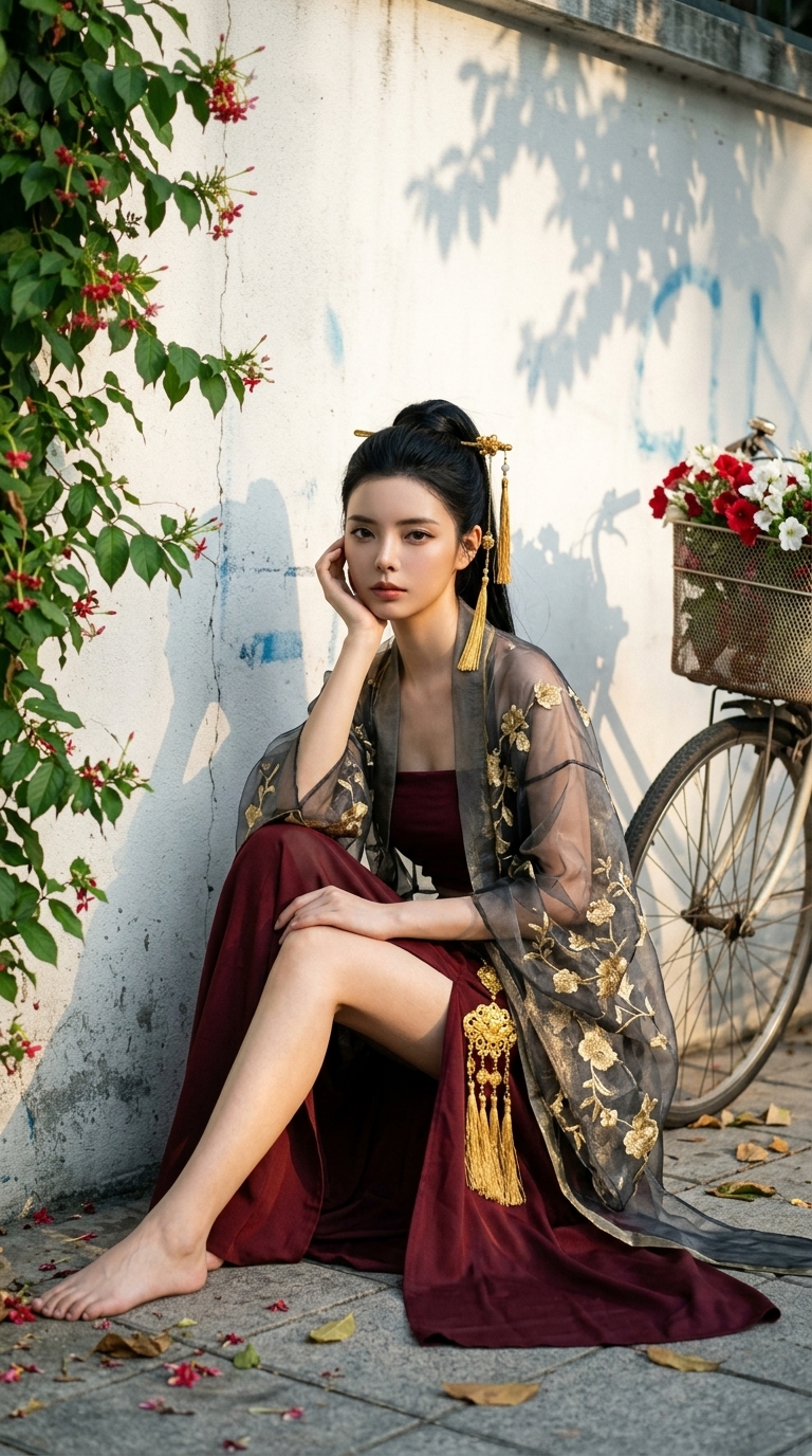 Photorealistic Afternoon Portrait in Embroidered Maroon Attire output 2