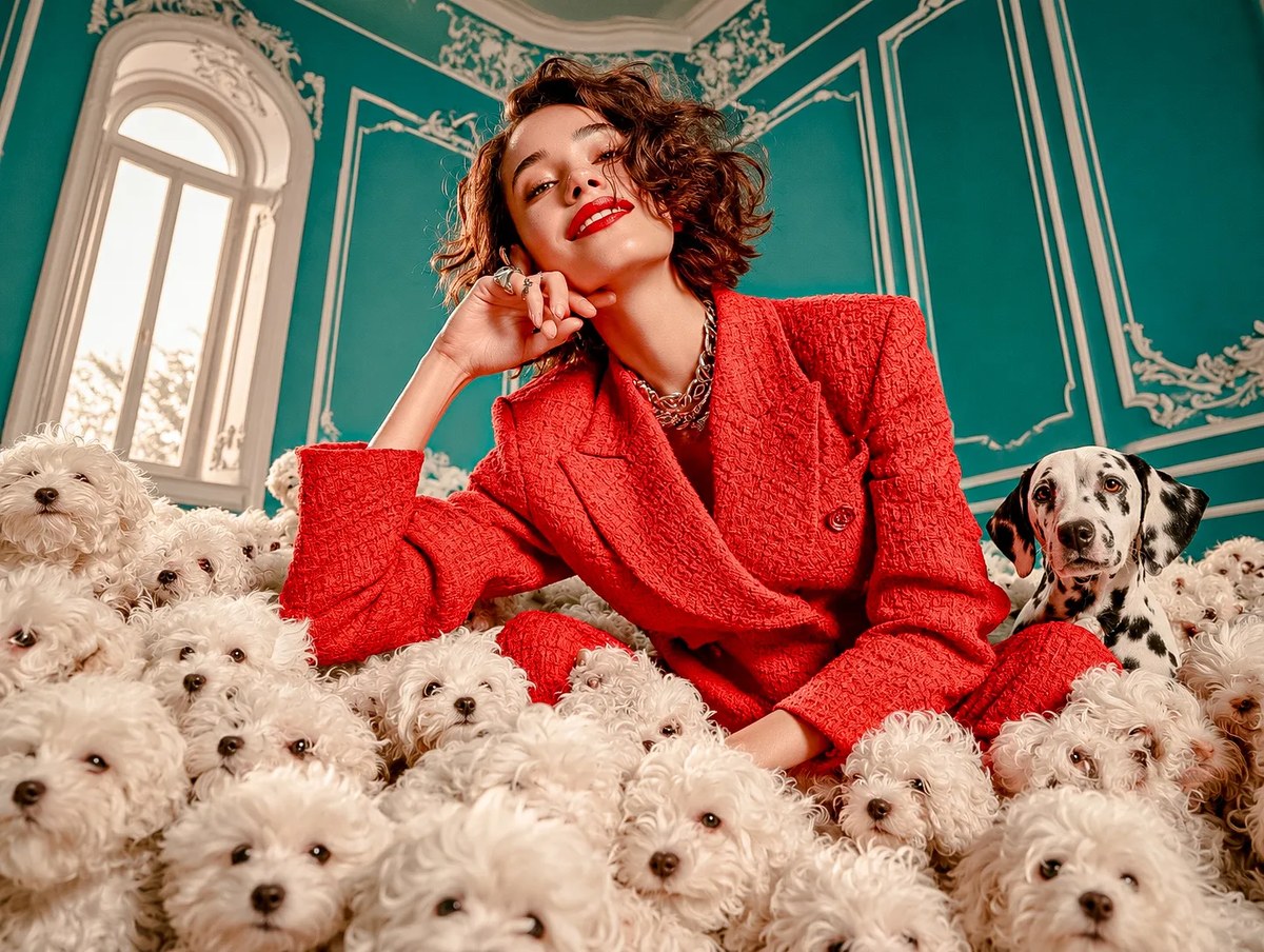 Luxury Parisian Fashion Editorial with White Dogs
