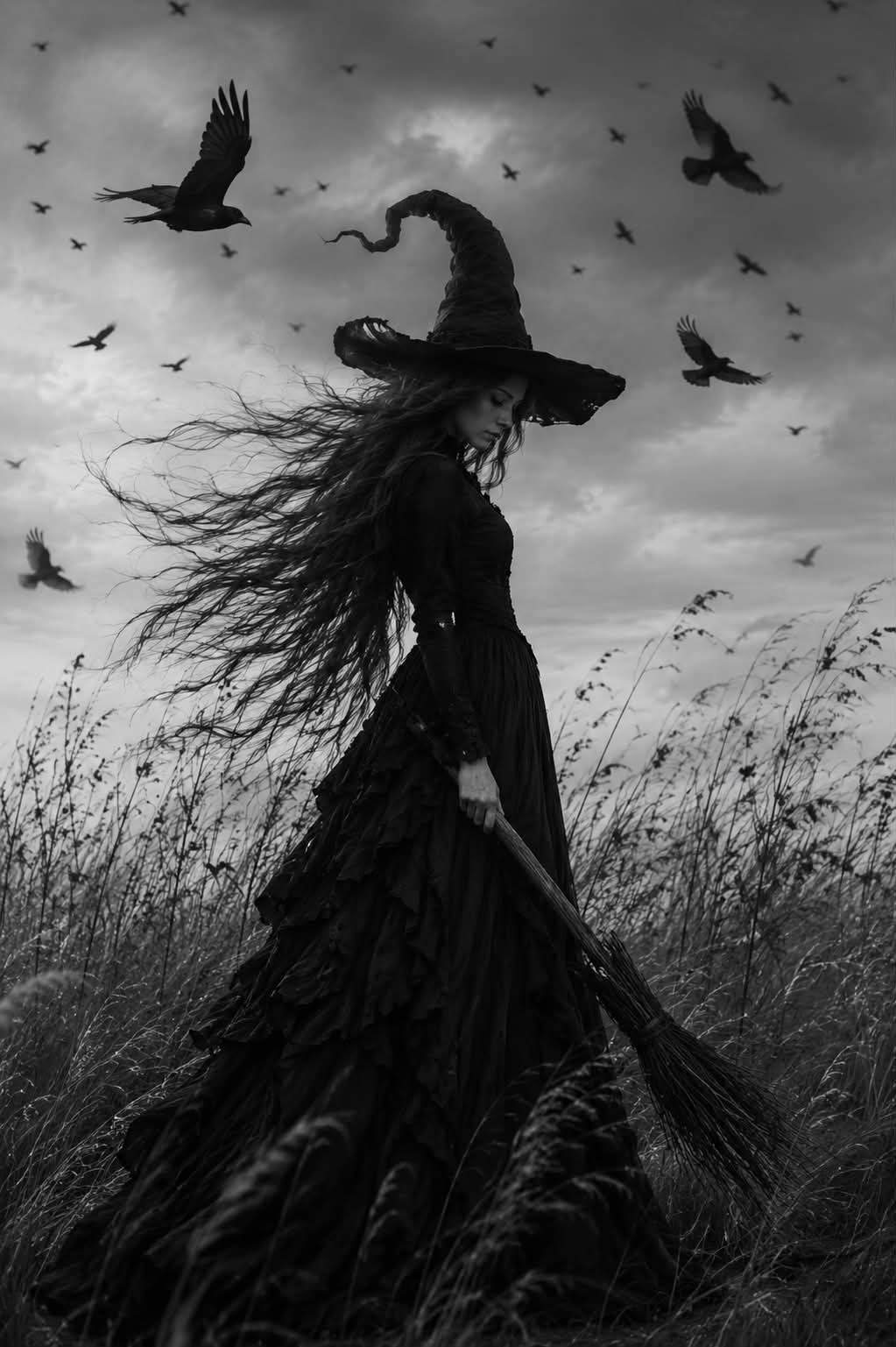 Cinematic Gothic Witch in a Windy Field