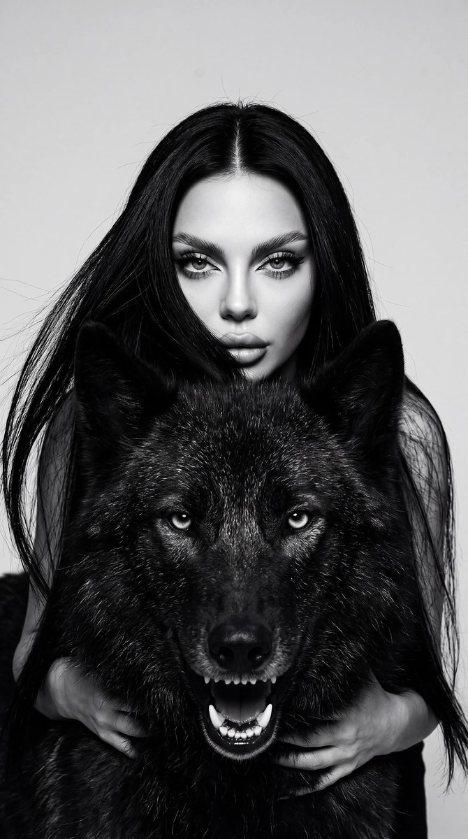 Gothic Black-and-White Portrait with a Black Wolf