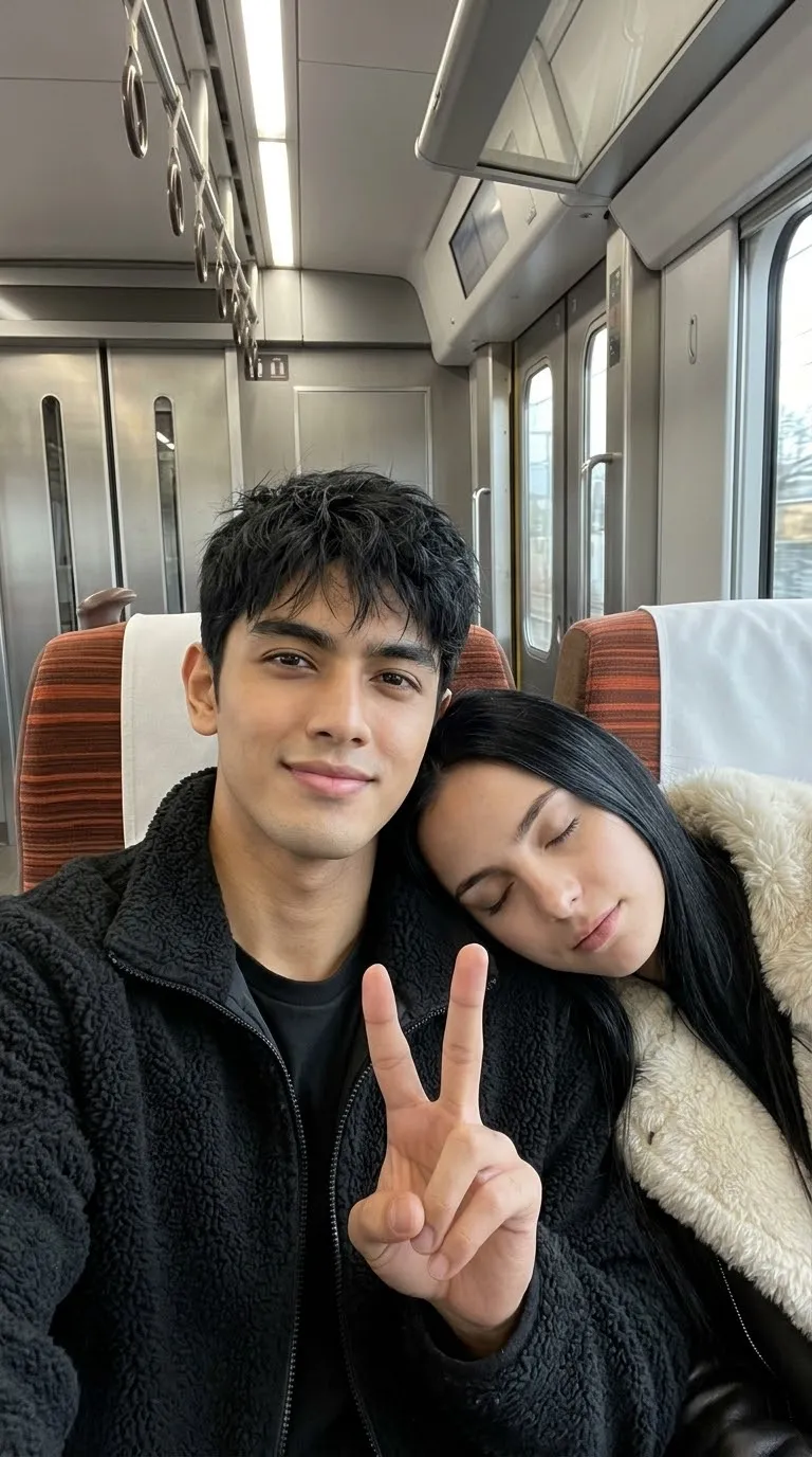 Photorealistic Train Selfie of a Sleeping Couple output 2