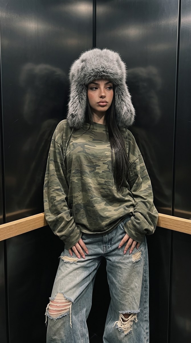Moody Elevator Portrait with a Gray Fur Ushanka