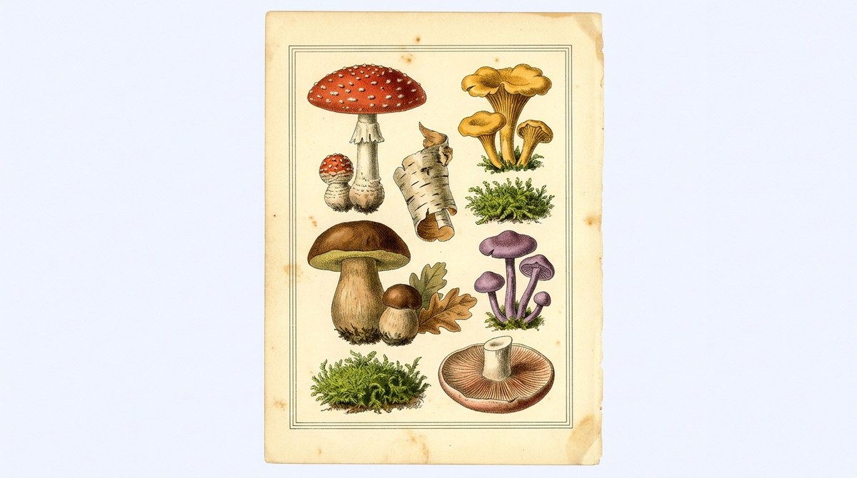 Vintage Chromolithograph Plate of Forest Mushrooms and Mosses