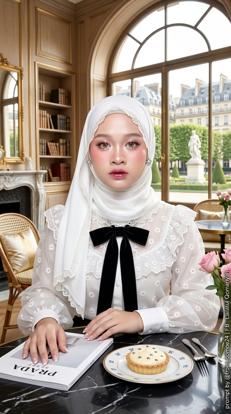 Elegant Paris Café Portrait of a Young Woman in a White Hijab output 2