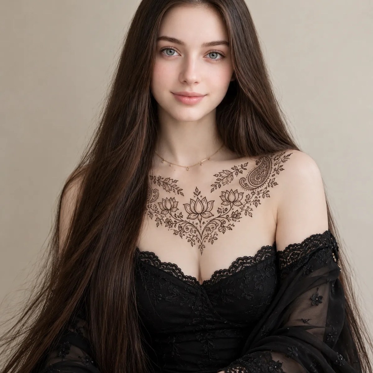 Young Woman with Floral Chest Mehndi