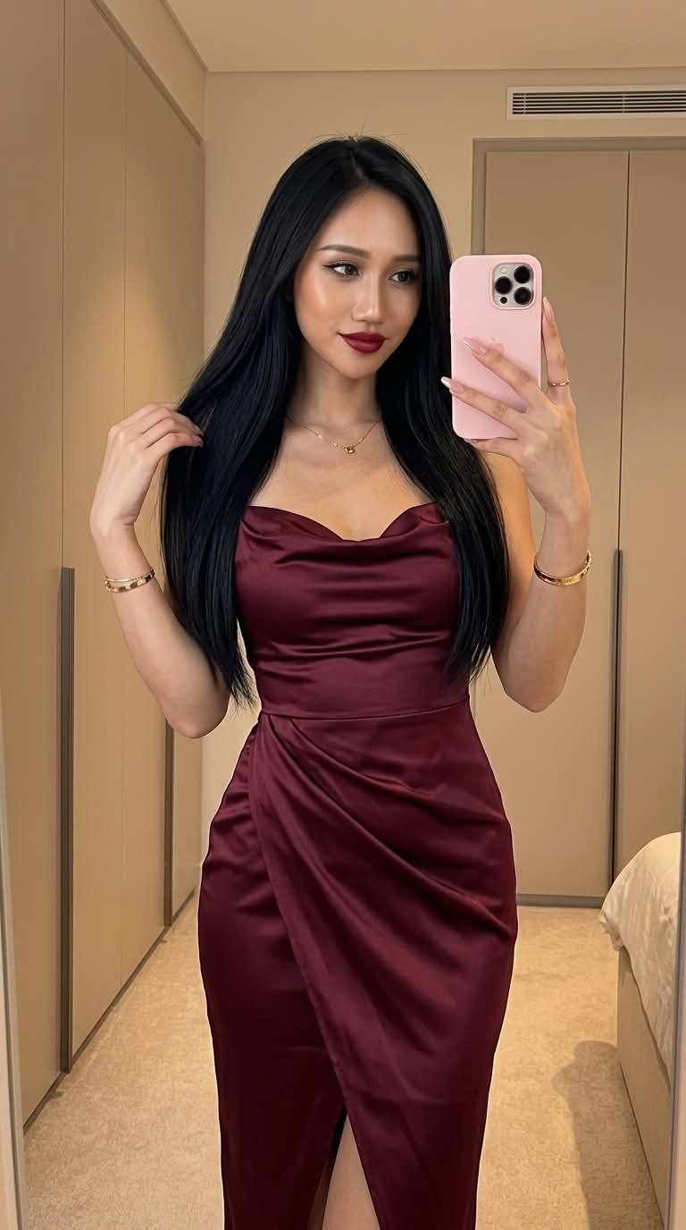 Luxury Burgundy Satin Mirror Selfie Portrait