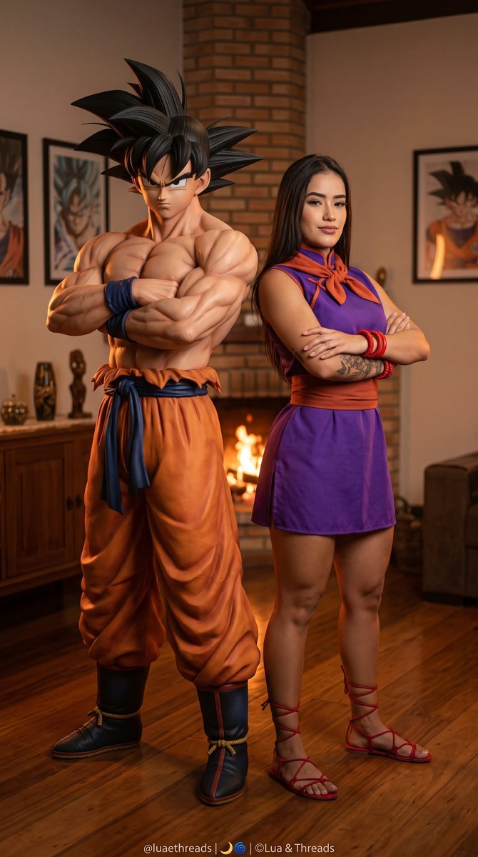 Goku and Me: Hyperrealistic Fireplace Cosplay Portrait output 2