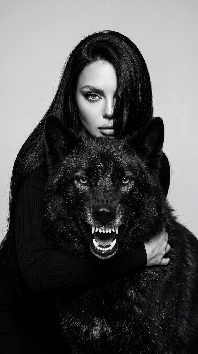 Gothic Black-and-White Portrait with a Black Wolf output 2
