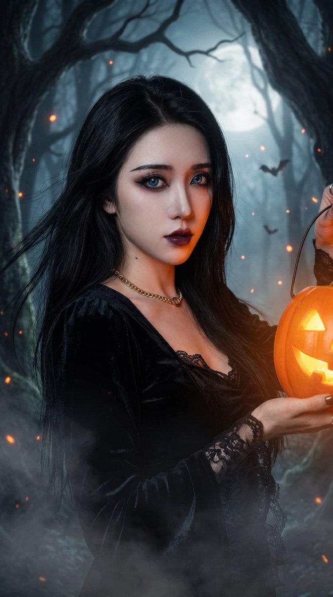 Gothic Witch with a Glowing Pumpkin Lantern