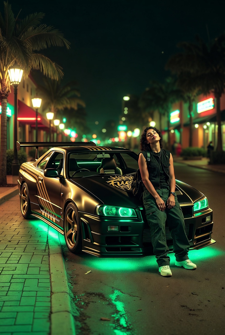 Neon Nighttime Portrait with a Nissan Skyline R34