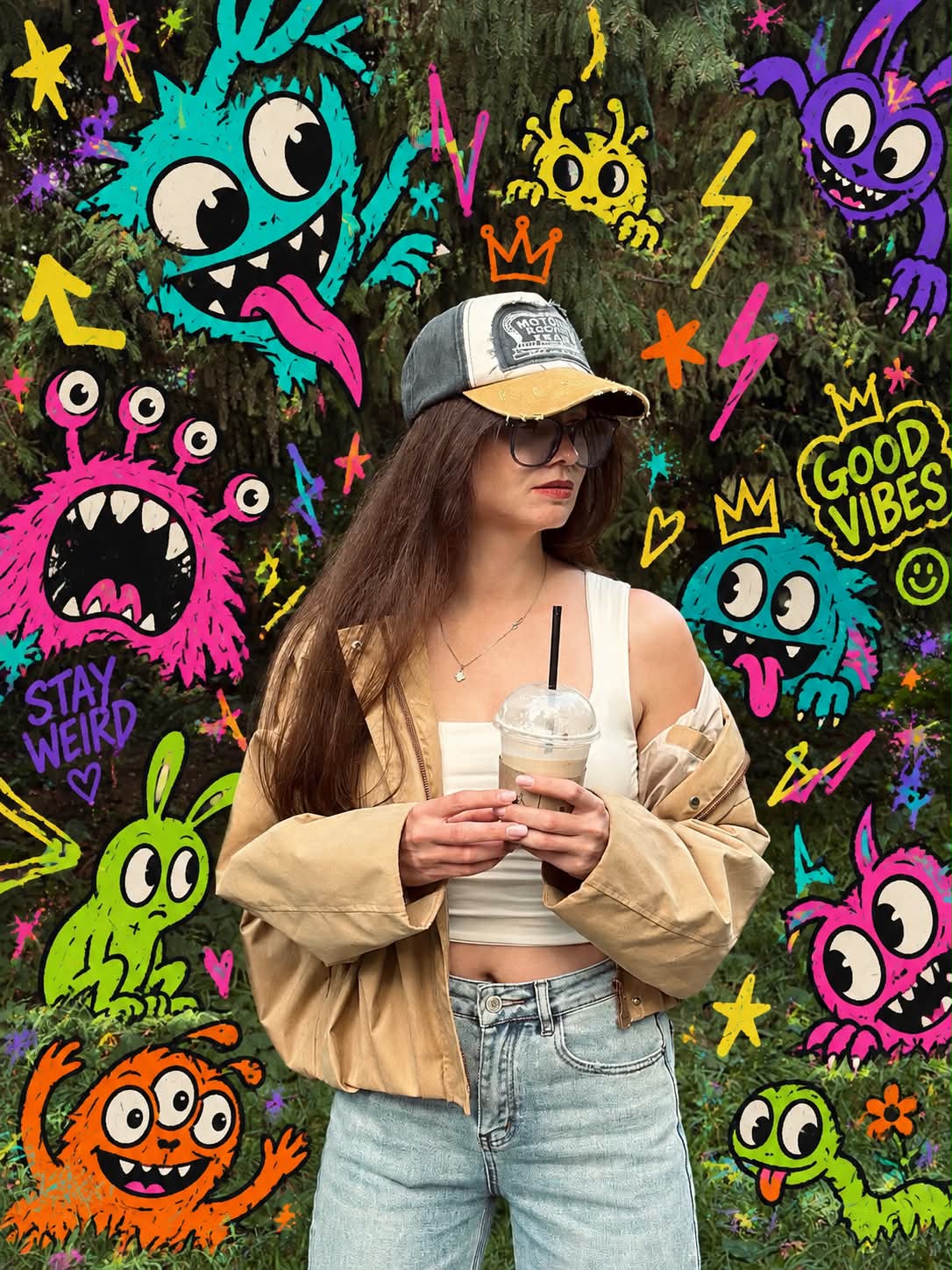 Graffiti Creature Invasion Around an Unchanged Store Photo