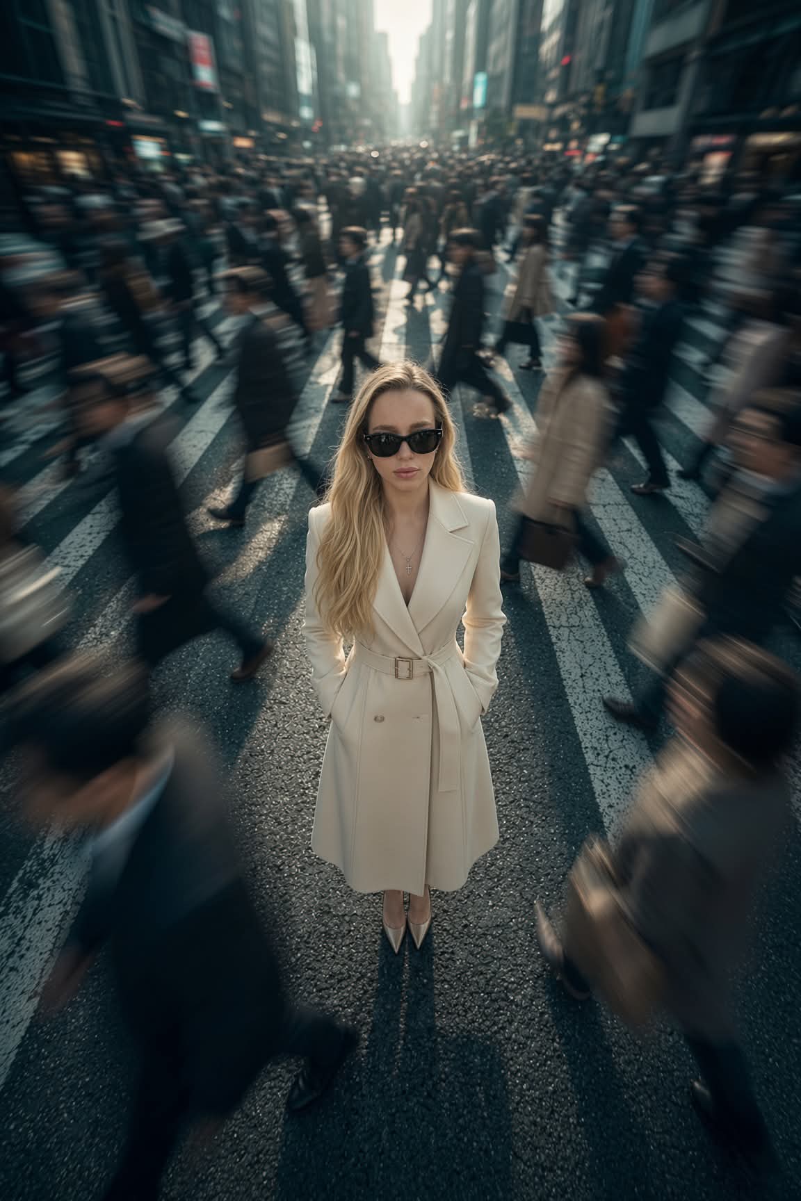 Identity-Locked Fashion Editorial on a City Crossing