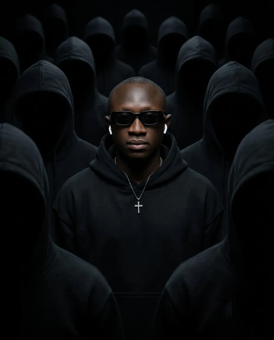Dark Cinematic Portrait in a Hooded Crowd