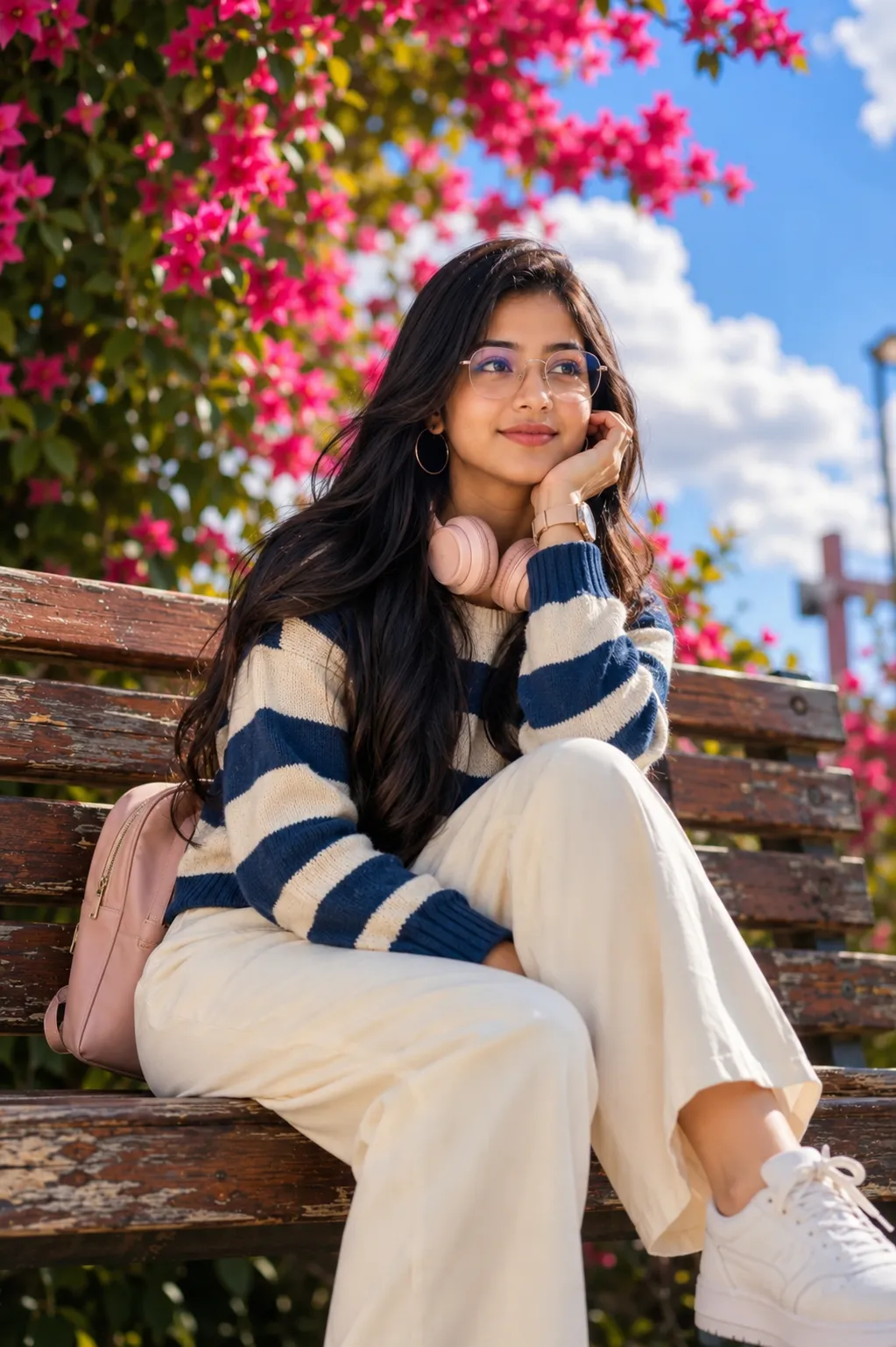 Sunlit Portrait with Pink Floral Bokeh