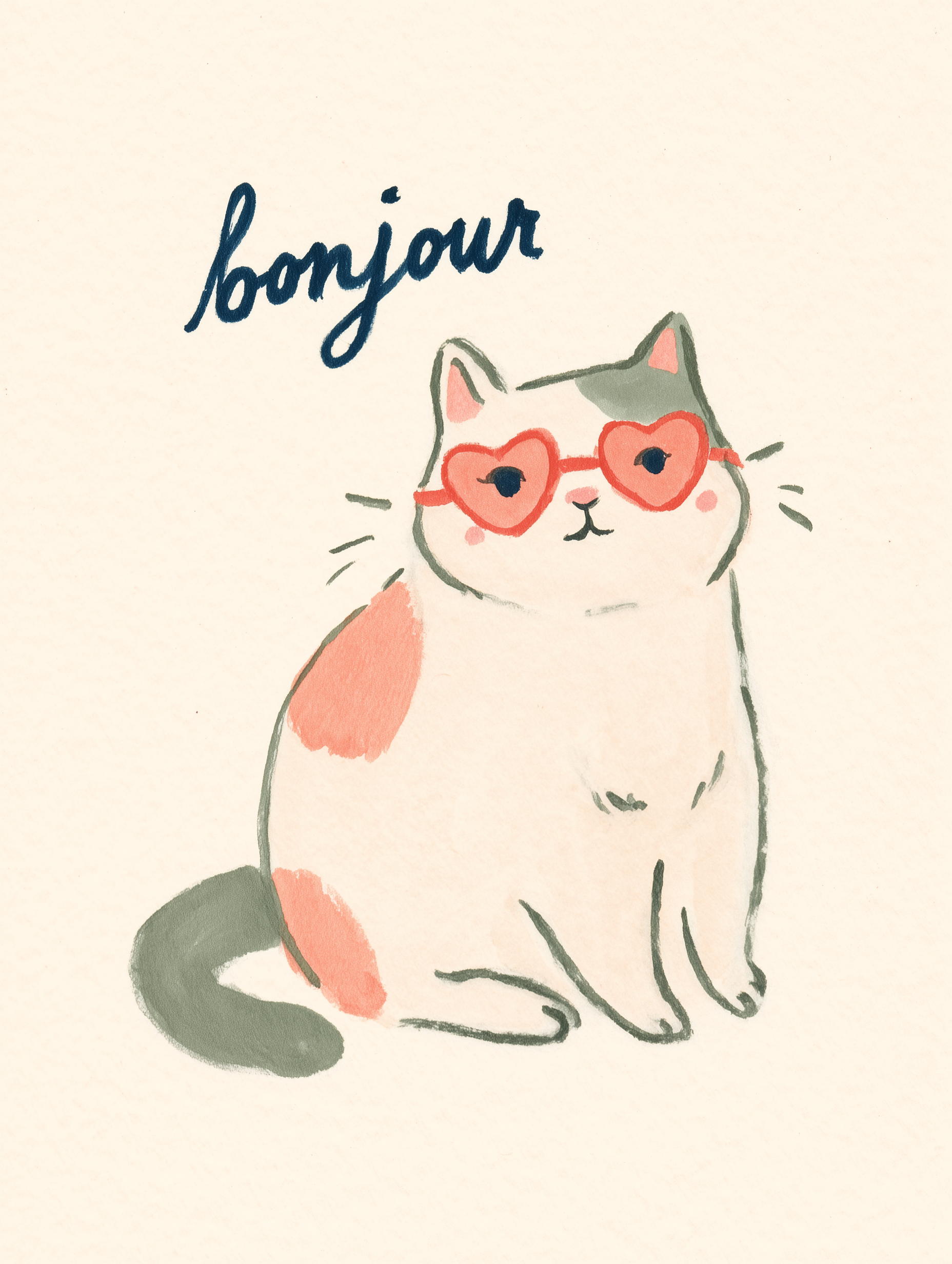 Watercolor Cat with Heart-Shaped Pink Sunglasses