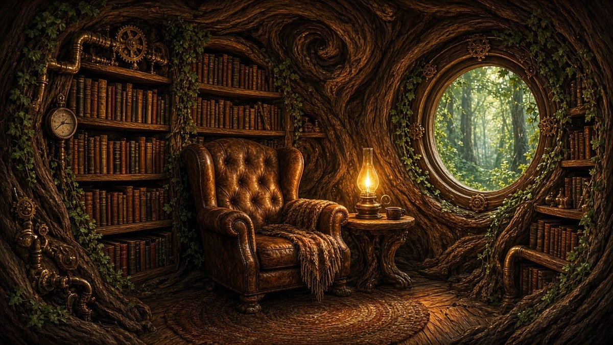 Steampunk Reading Nook Inside a Living Oak
