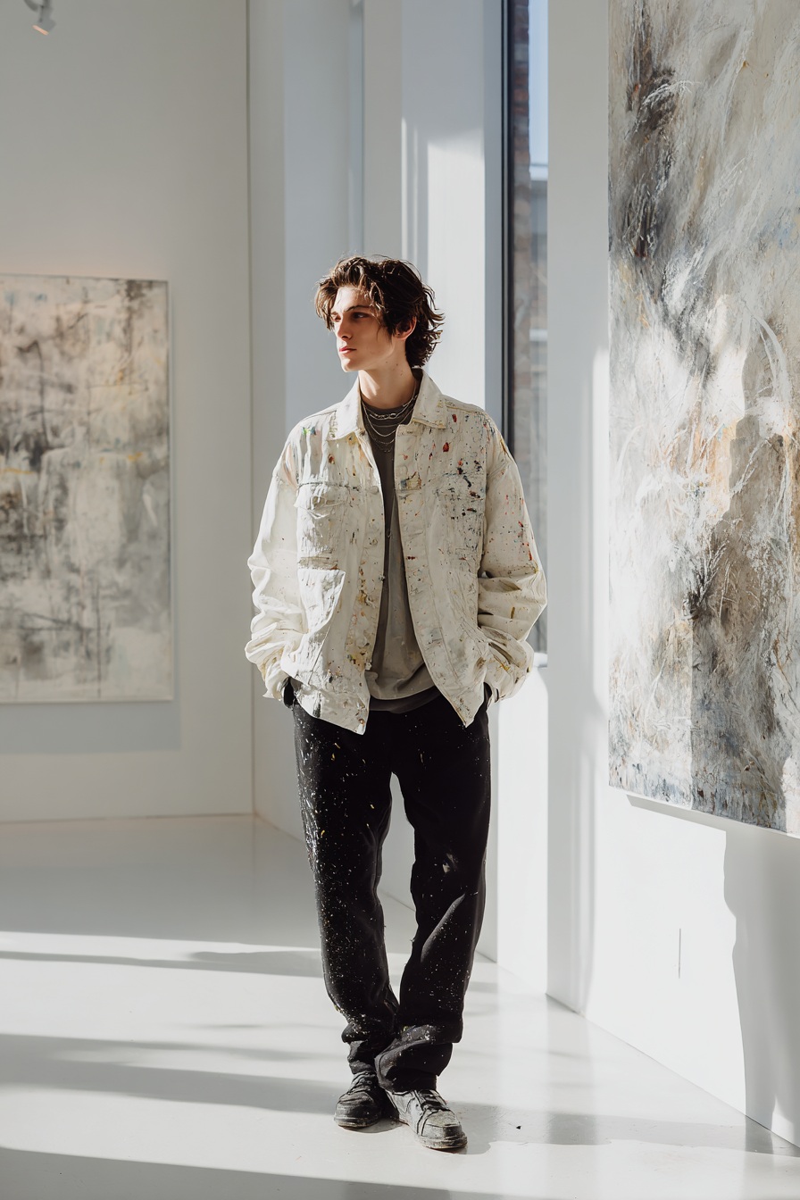 Male Model Contemplating Art in a Minimalist Gallery output 1