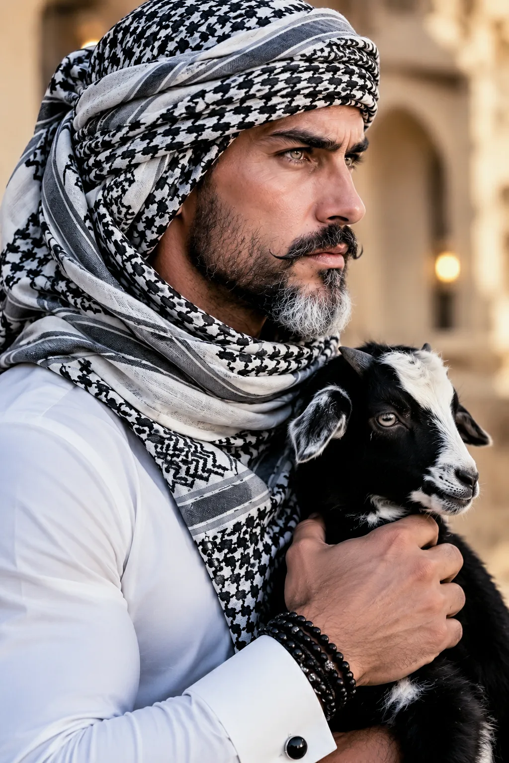 Middle Eastern Man Holding a Baby Goat