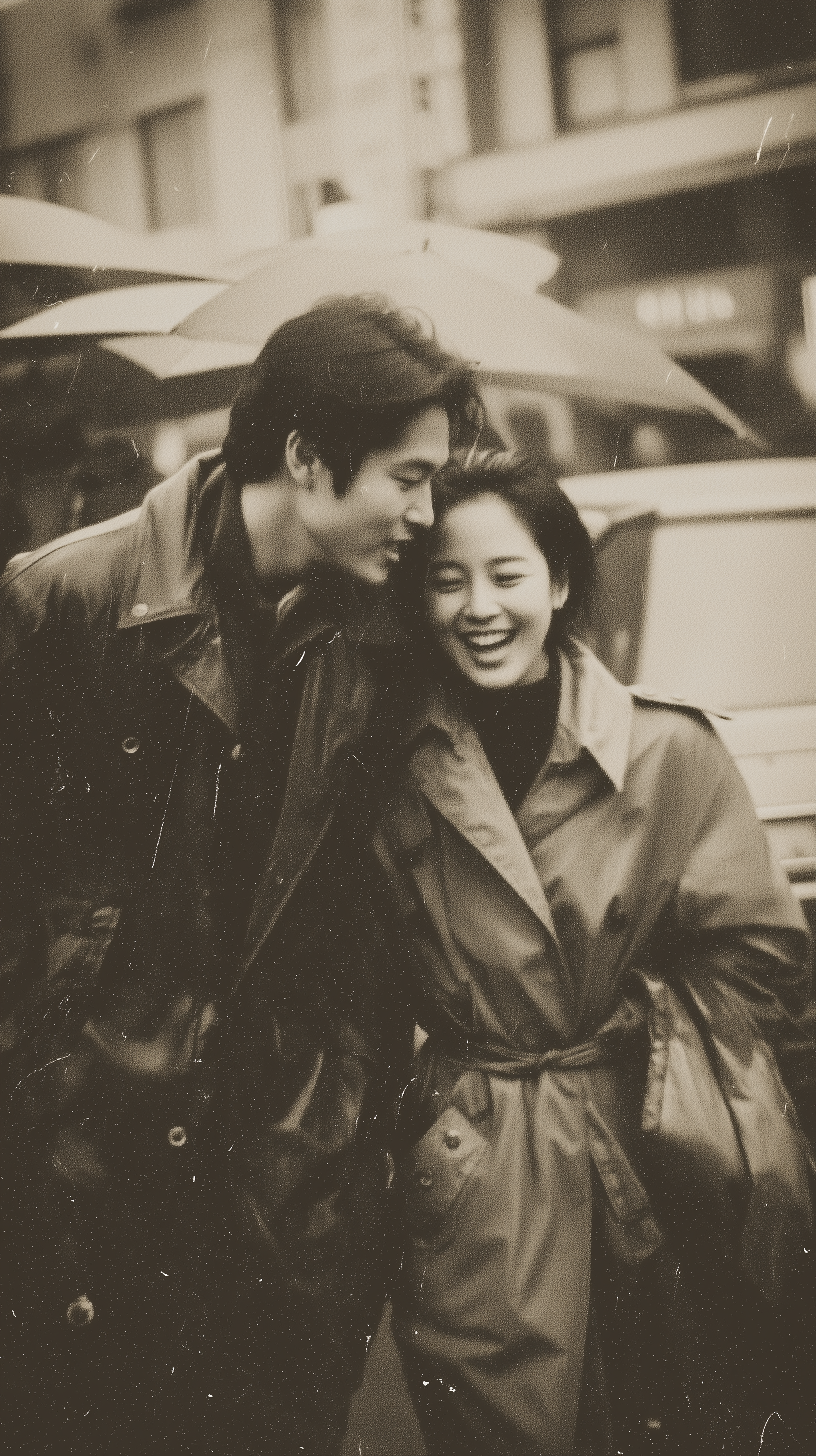 Vintage 16mm Footage of a Couple on a Rainy Seoul Street