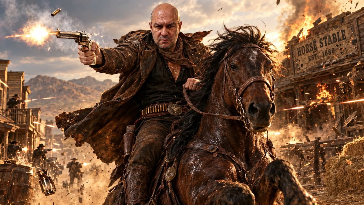 Photorealistic Western Gunslinger on a Charging Horse